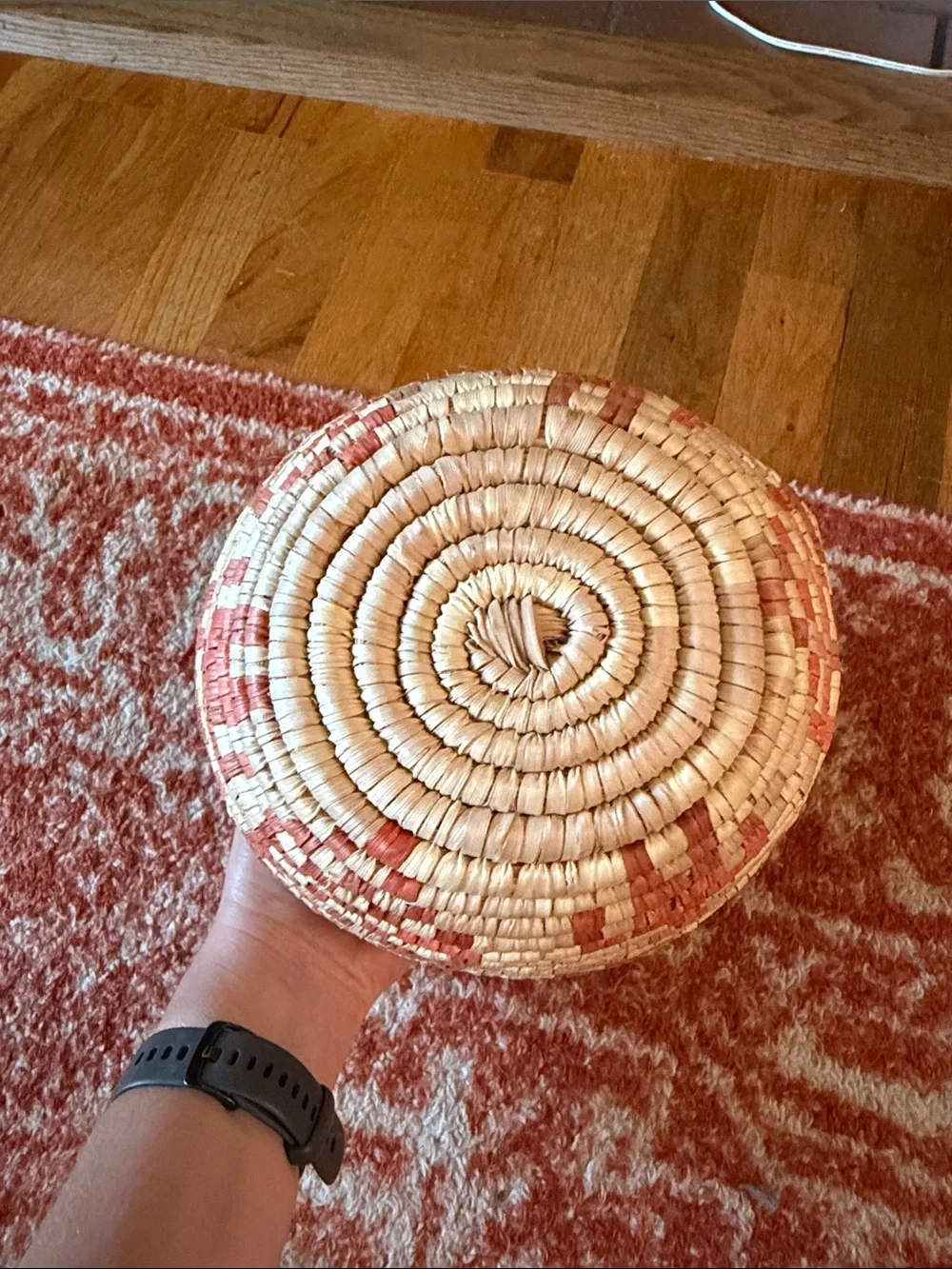 Handwoven Natural and Terracotta Straw Accent Basket
